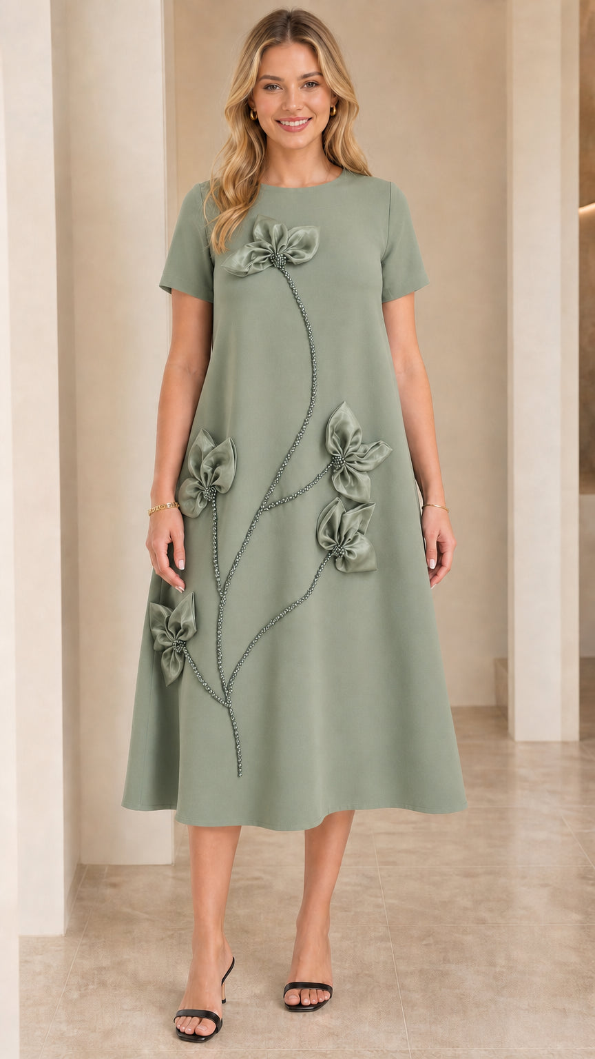 Front view of Sage Green short-sleeve A-line midi dress with 3D floral appliqués
