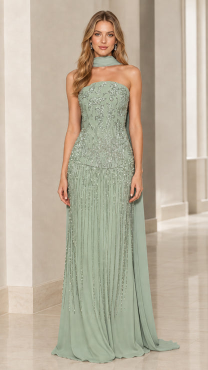 Model wearing sage green beaded strapless column gown with neck drape
