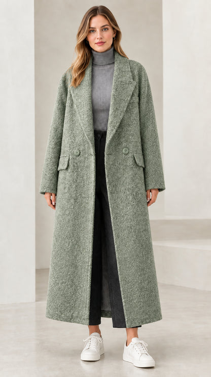 Front view of woman wearing sage green longline bouclé overcoat