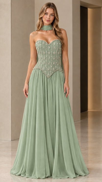 Front view of sage green beaded sweetheart chiffon maxi dress