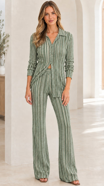 Front view of woman wearing Sage Green striped ribbed knit shirt and flare pants set