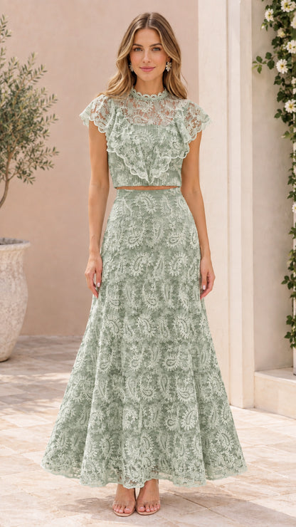Sage green two-piece lace crop top and maxi skirt set