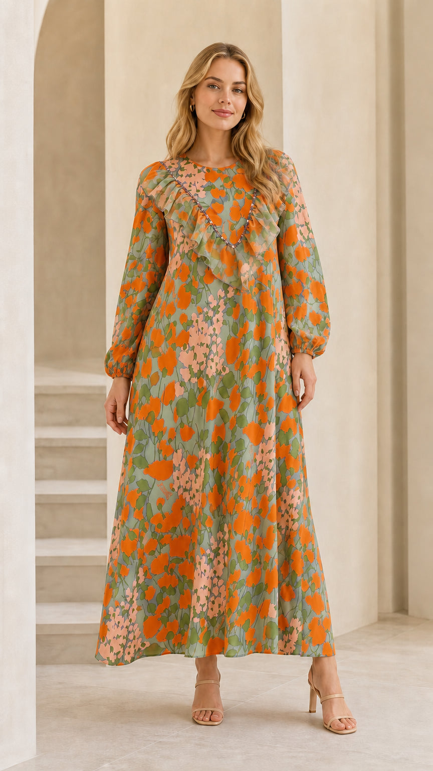 Full front view of model wearing sage green floral long sleeve maxi dress