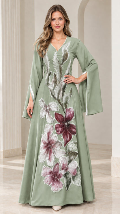 Sage green floral embroidered long formal dress with bell sleeves