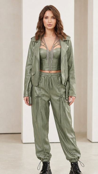 Model wearing sage green faux leather matching set