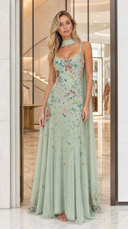 Sage Green Embellished Floral Applique Sleeveless Maxi Dress Front View