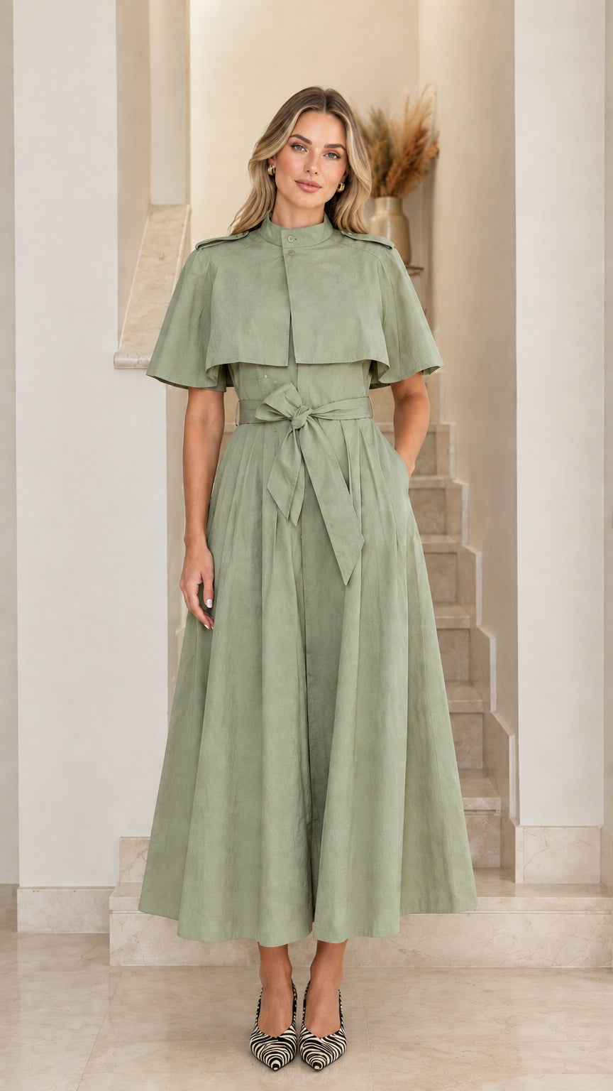 Model wearing sage green capelet midi trench dress with tie belt
