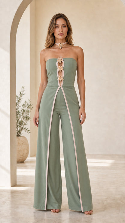 Elegance Statement Strapless Wide-Leg Jumpsuit in Sage Green