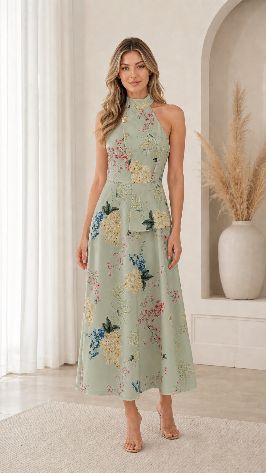 Model wearing sage green floral print halter neck midi dress