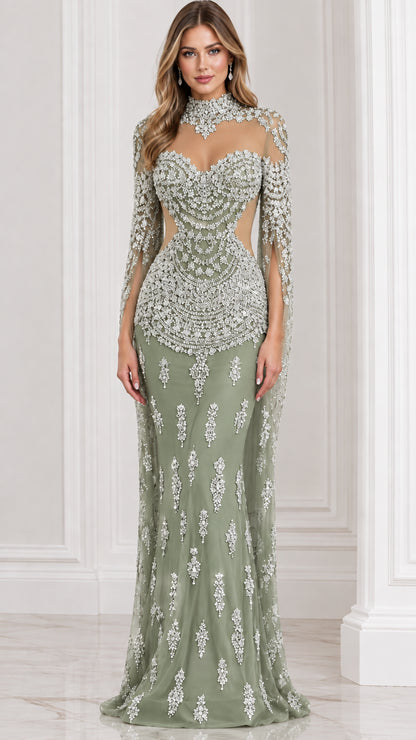 Sage green rhinestone-embellished high neck formal gown