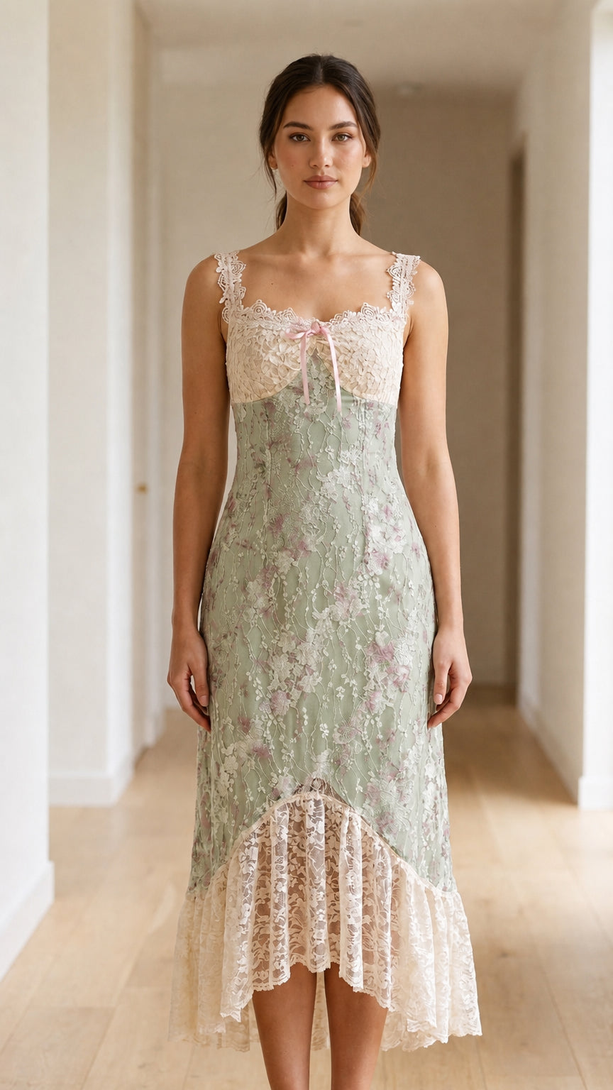 Model wearing sage green floral midi dress with lace trim