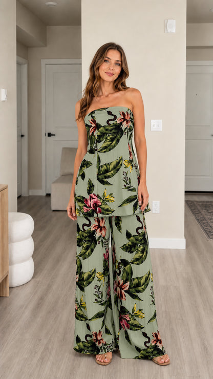 Front view of sage green tropical floral matching set