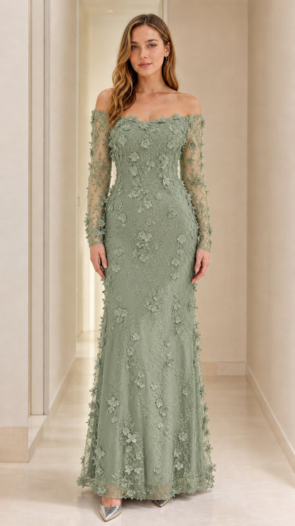 Sage Green off-the-shoulder 3D floral long sleeve evening dress