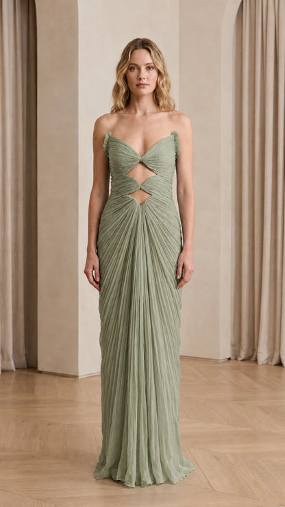 Front view of Sage Green cutout pleated evening dress