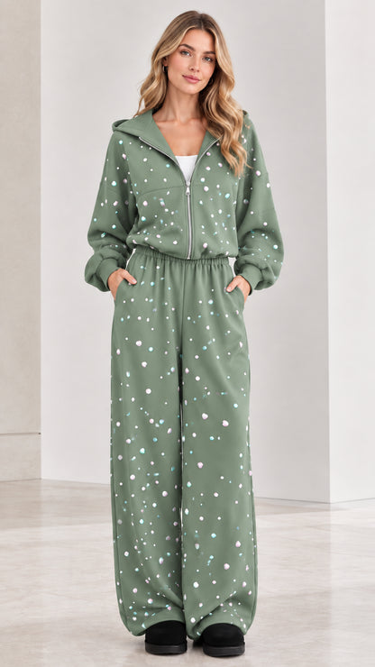 Front view of sage green rhinestone zip-up hooded wide leg jumpsuit