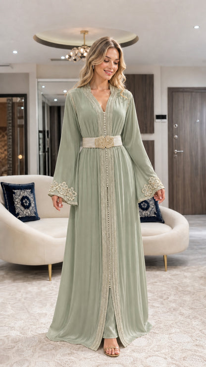 Front view of sage green pleated Moroccan caftan evening dress