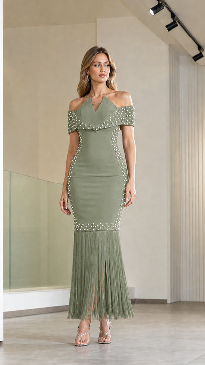 Model wearing sage green off-the-shoulder pearl embellished fringe evening dress
