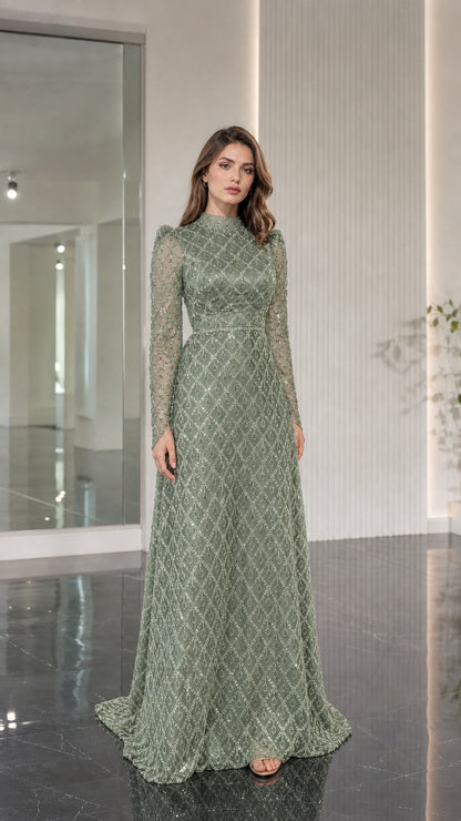 Model wearing sage green beaded high neck formal maxi dress