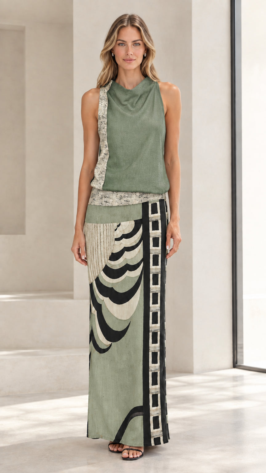 Front full-length view of model wearing sage green sleeveless cowl neck abstract maxi dress