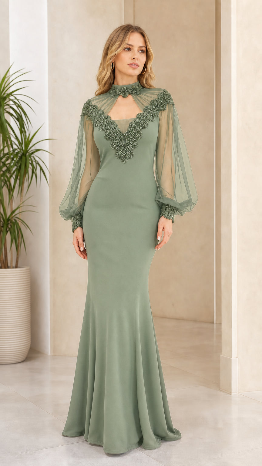 Front view of sage evening gown