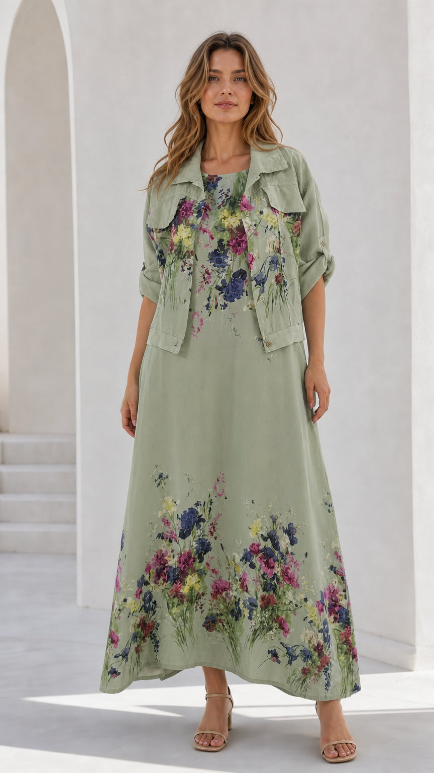 Women's sage green floral maxi dress and cropped jacket set