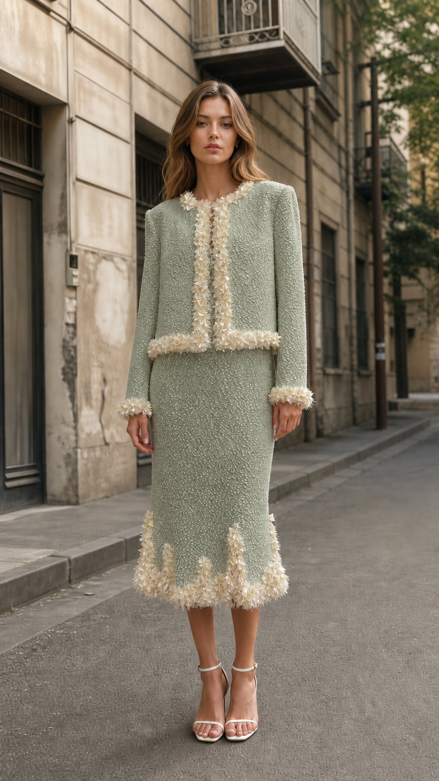 Front view of sage tweed crop jacket and midi skirt set