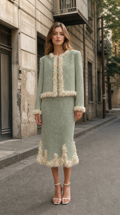 Front view of sage tweed crop jacket and midi skirt set