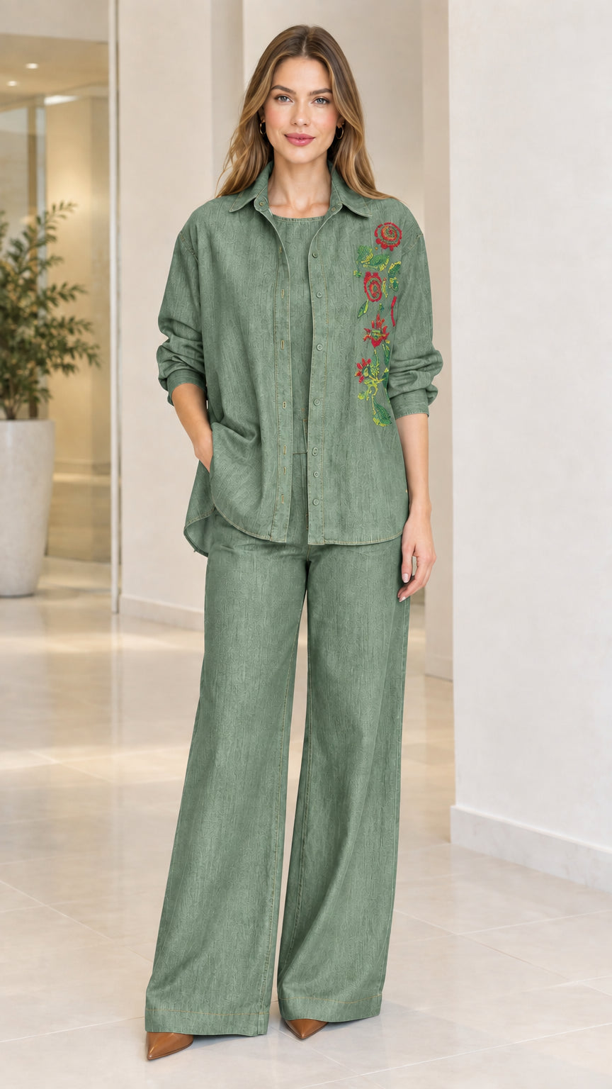 Sage green floral embroidered denim-style button-down shirt and wide-leg pant set