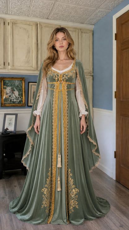 Front view of sage green Renaissance velvet dress