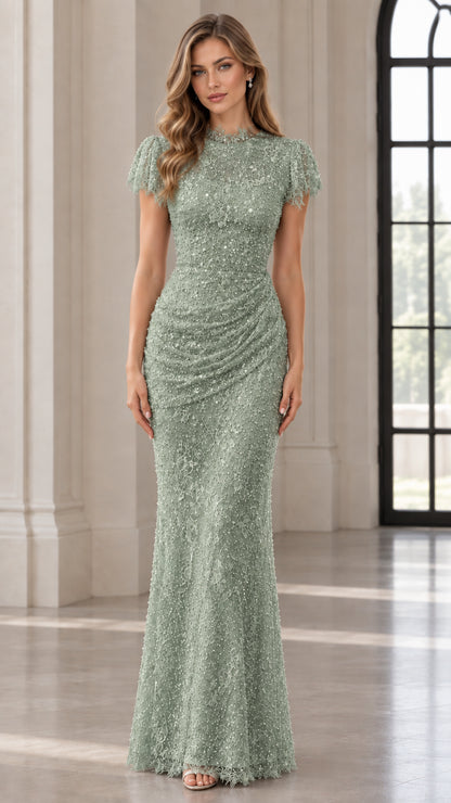 Front view of sage green embellished floor-length evening dress