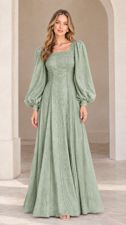 Front view of model wearing Sage Green square neck embroidered maxi dress