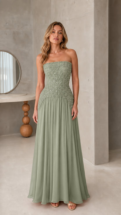 Front view of strapless sage green beaded corset formal maxi gown