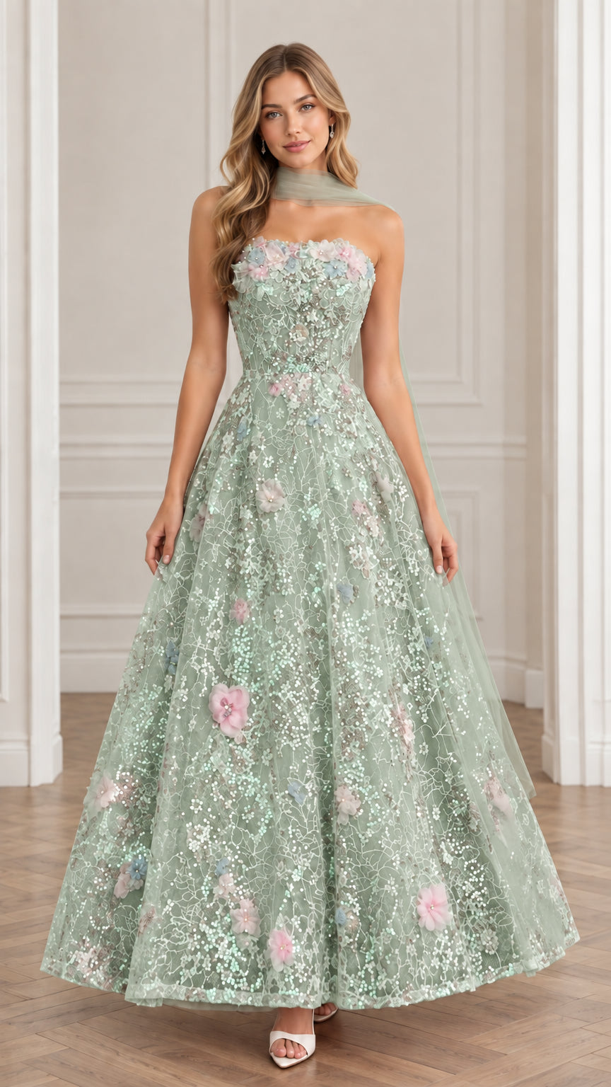 Full-length view of model wearing Sage Green 3D floral sequin evening gown