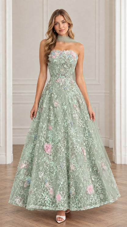 Full-length view of model wearing Sage Green 3D floral sequin evening gown