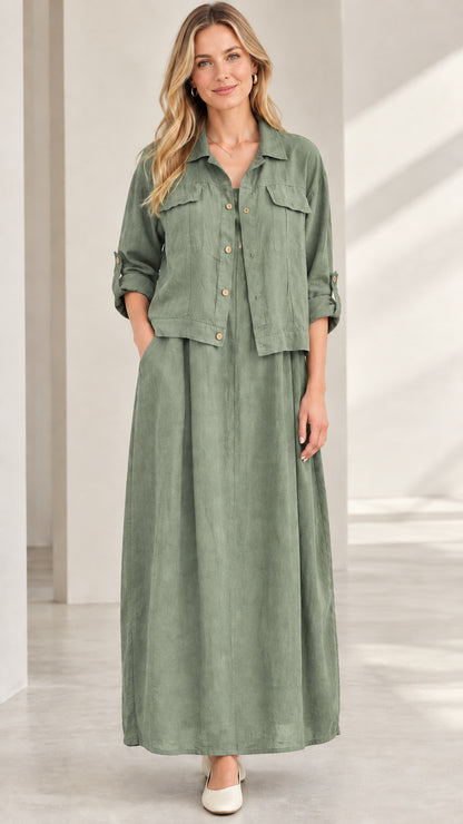 Model wearing sage green matching two-piece shirt jacket and maxi skirt outfit