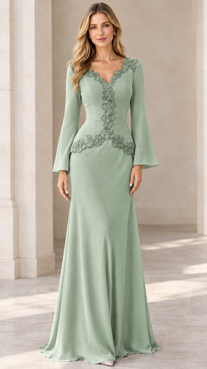 Sage green long bell sleeve floor-length evening gown with matching lace trim