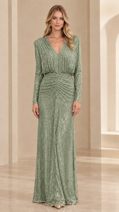 Sage green beaded V-neck sequin maxi dress with long sleeves