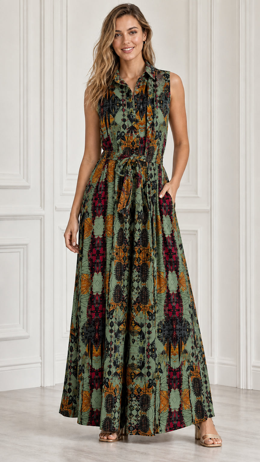 Front view of model wearing sage green geometric print sleeveless maxi dress