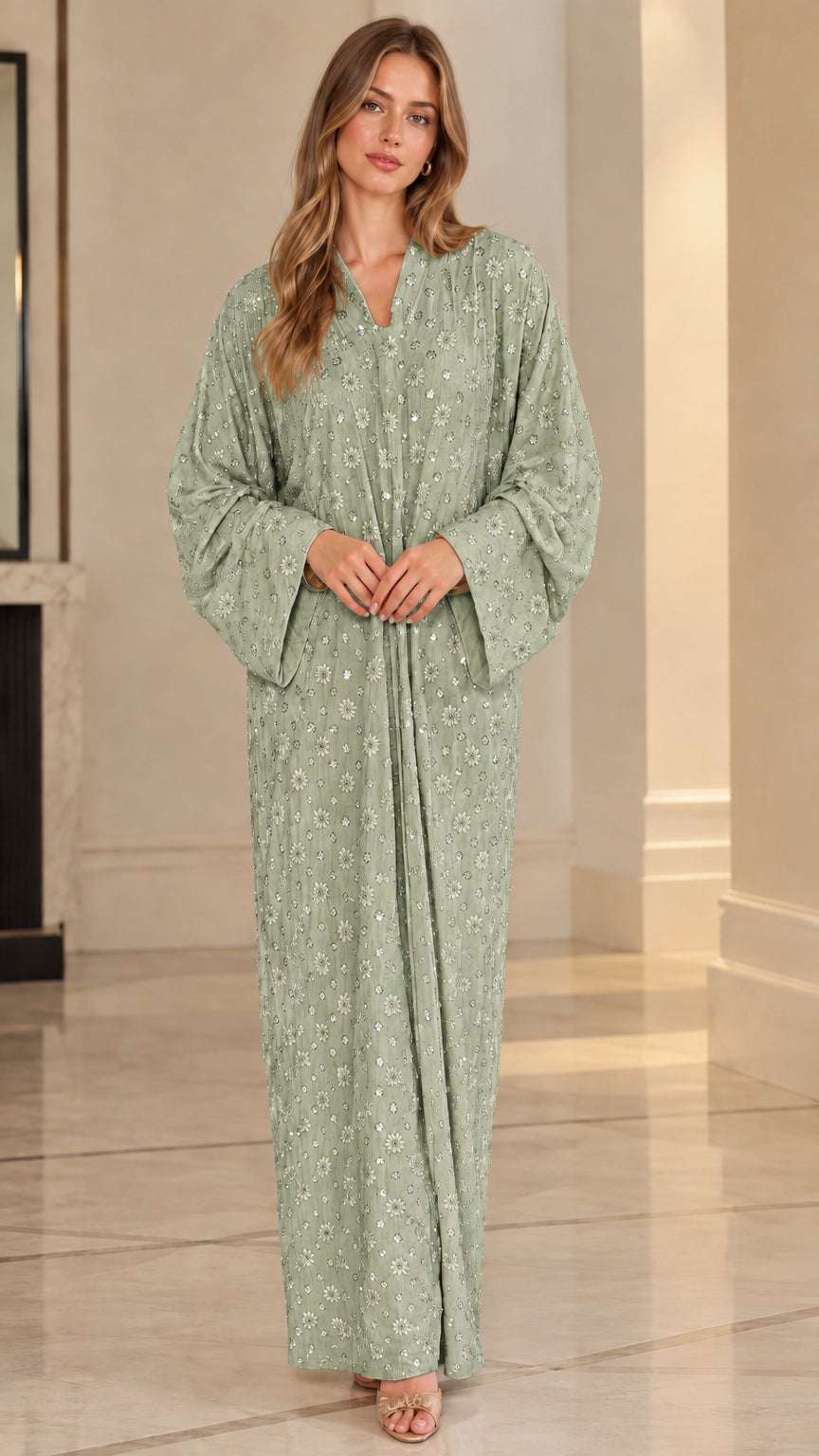 Sage green floral sequin embroidered kaftan maxi dress on model