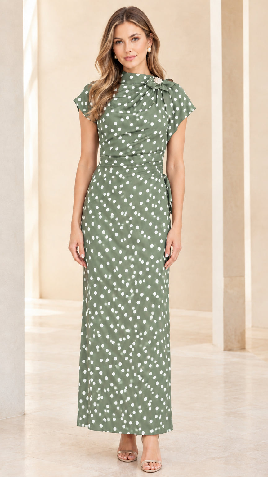 Model wearing Sage Green polka dot high-neck maxi dress, front view