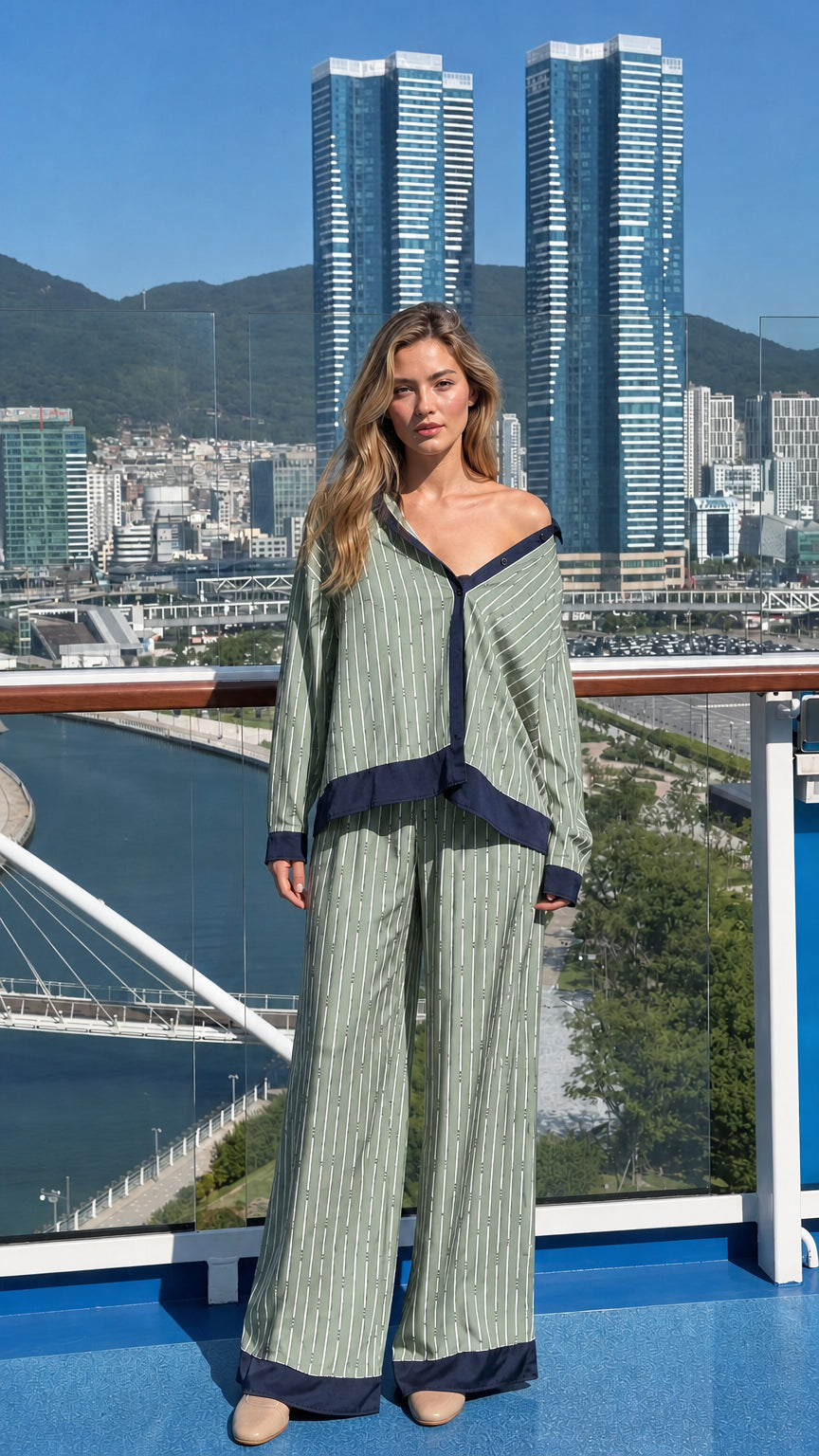 Woman wearing green striped matching set