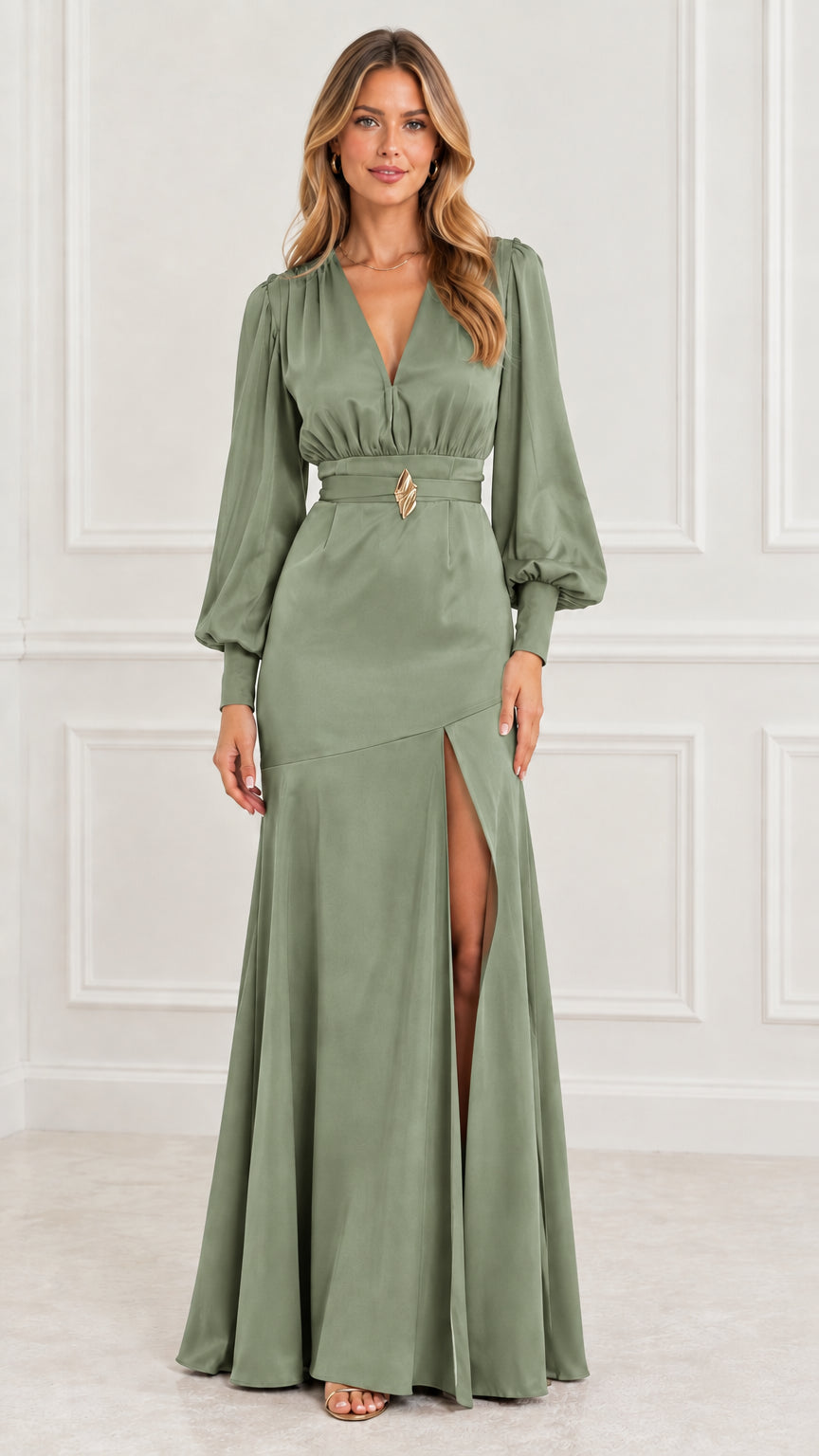 Full-length front view of model in sage green satin long sleeve maxi dress
