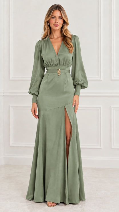 Full-length front view of model in sage green satin long sleeve maxi dress
