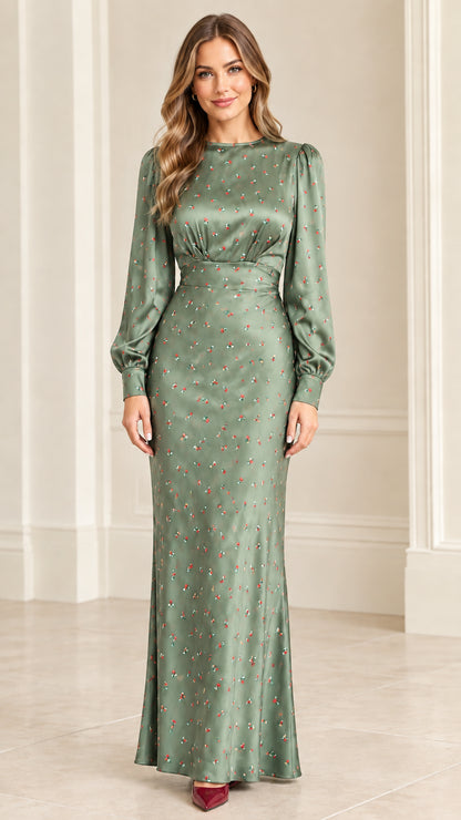 Front full-length view of sage green satin floral maxi dress