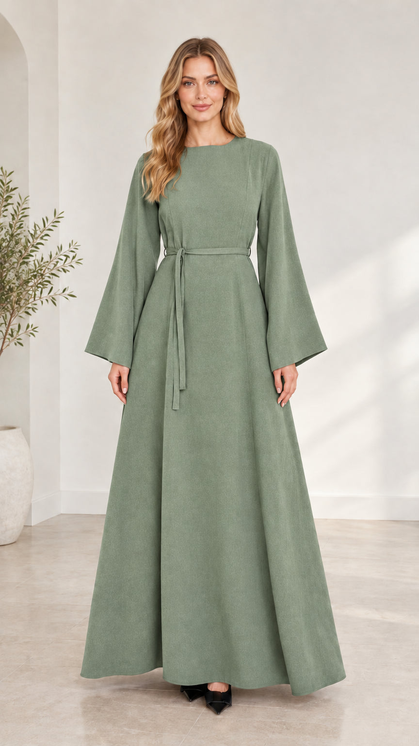 Full-length front view of woman wearing sage green long bell sleeve modest maxi dress
