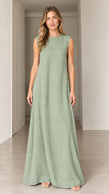 Front view of woman wearing Sage Green sleeveless crewneck maxi dress