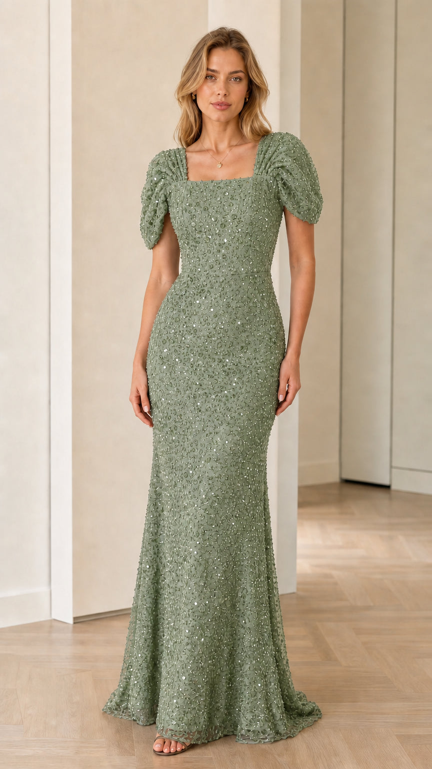 Front view of model wearing sage green sequin evening gown with puff sleeves