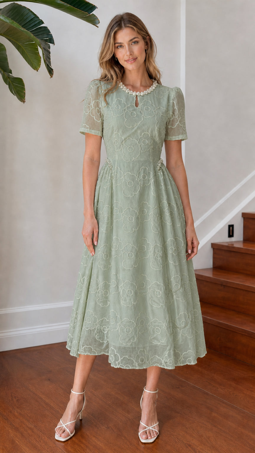 Model wearing sage green floral embroidered pearl neckline midi dress