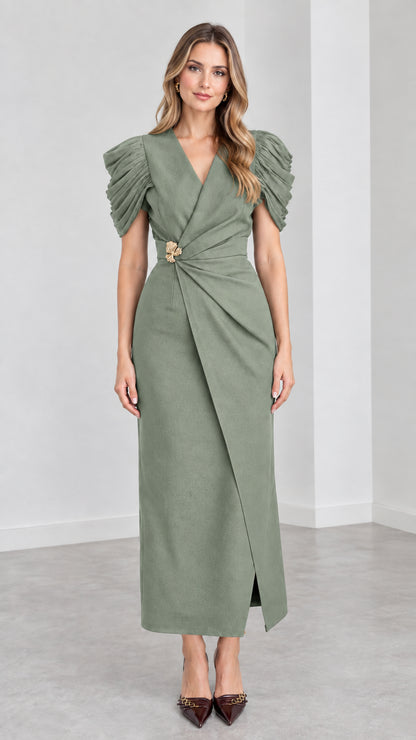 Front view of woman wearing Sage Green pleated sleeve draped maxi dress
