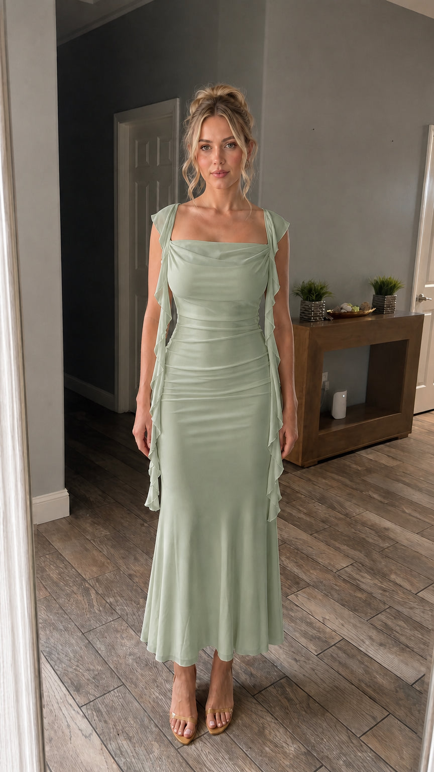 Front view of model wearing the sage green color variant of the maxi dress